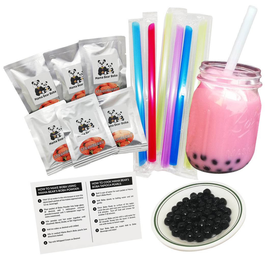 Instant Boba Kit STRAWBERRY Flavor Boba Bubble Tea Kit - Make Your Own DIY